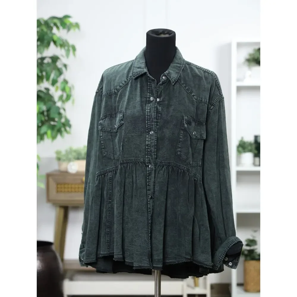Free People We The Free Washed Black Oversized Peplum Denim Shacket Jacket XL
